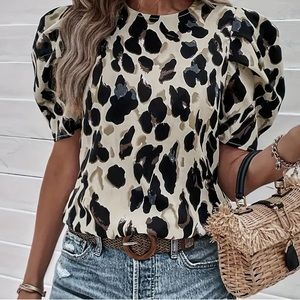 All Over Print Crew Neck Blouse, Elegant Puff Sleeve Blouse, Women's Clothing